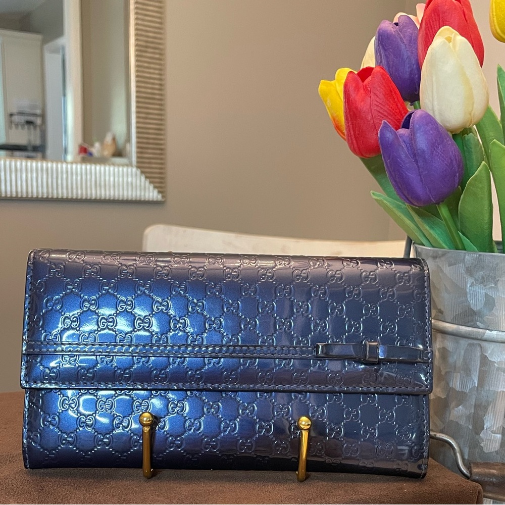 *COA* Gucci navy Guccissima patent leather long wallet
